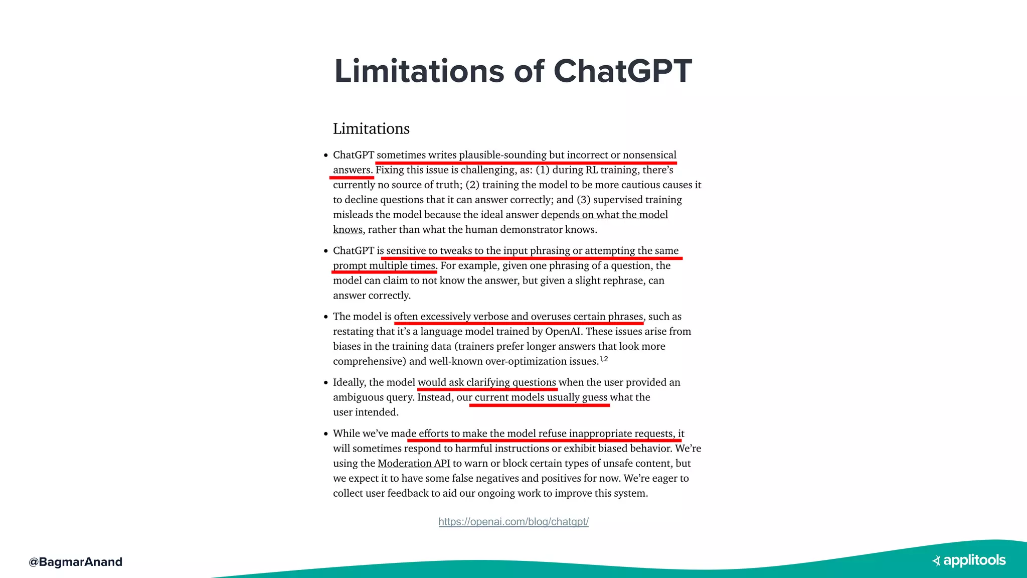 @BagmarAnand
Limitations of ChatGPT
https://openai.com/blog/chatgpt/
 