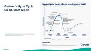 Gartner’s Hype Cycle
for AI, 2021 report
https://www.gartner.com/en/articles/the-4-trends-that-prevail-
on-the-gartner-hype-cycle-for-ai-2021
 