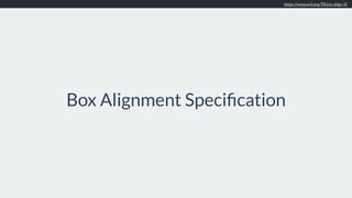 Box Alignment Speciﬁcation
https://www.w3.org/TR/css-align-3/
 