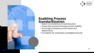 Enabling Process
Standardization
INDE
X
22
• Detect inconsistencies in task execution
• Create best practices through process visibility
• Encourage consistency across teams and
departments
• Foundation for automation and digital maturity
 