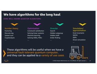 21
© 2022 Amazon Web Services, Inc. or its affiliates. All rights reserved |
We have algorithms for the long haul
S O M E WE L L - K N O WN Q U A N T U M A L G O R I T H M S :
Number theory
Factoring
Discrete log
Subset sum
Cryptanalysis
…
Oracular
Search
Hidden subgroup
Hidden shift
Order finding
…
Simulation/
approximation
Knot invariants
QAOA
SDPs
Direct simulation
…
Optimization
Constraint satisfaction
Solving linear systems
Machine learning
Solving ODEs, PDEs
…
These algorithms will be useful when we have a
universal fault tolerant quantum computer,
and they can be applied to a variety of use cases
 