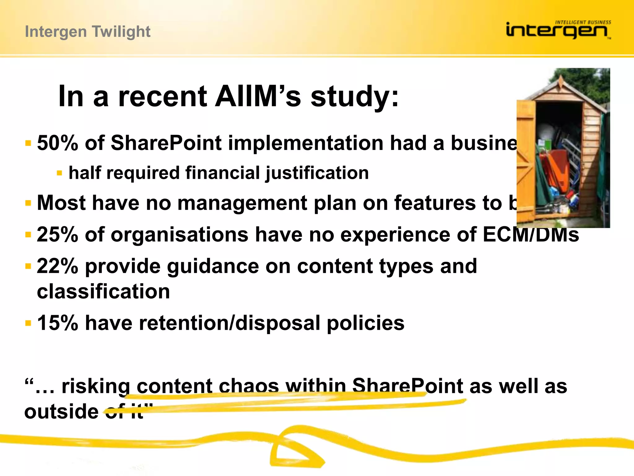 50% of SharePoint implementation had a business casehalf required financial justificationMost have no management plan on features to be used25% of organisations have no experience of ECM/DMs22% provide guidance on content types and classification15% have retention/disposal policies“… risking content chaos within SharePoint as well as outside of it”    In a recent AIIM’s study: