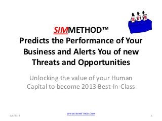 SIMMETHOD™
       Predicts the Performance of Your
        Business and Alerts You of new
          Threats and Opportunities
            Unlocking the value of your Human
           Capital to become 2013 Best-In-Class


                        WWW.SIMMETHOD.COM
1/6/2013                                          1
 