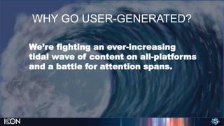 WHY GO USER-GENERATED?
We’re fighting an ever-increasing
tidal wave of content on all-platforms
and a battle for attention...