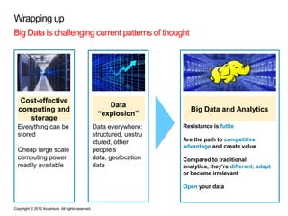 Wrapping up
Big Data is challenging current patterns of thought




   Cost-effective
                                                      Data
  computing and                                                           Big Data and Analytics
                                                   “explosion”
     storage
  Everything can be                               Data everywhere:     Resistance is futile
  stored                                          structured, unstru
                                                  ctured, other        Are the path to competitive
                                                                       advantage and create value
  Cheap large scale                               people’s
  computing power                                 data, geolocation    Compared to traditional
  readily available                               data                 analytics, they’re different; adapt
                                                                       or become irrelevant

                                                                       Open your data


Copyright © 2012 Accenture All rights reserved.
 