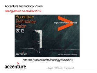 Accenture Technology Vision
Strong advice on data for 2012




              http://bit.ly/accenturetechnologyvision2012

                                   Copyright © 2012 Accenture All rights reserved.
 