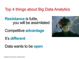 Top 4 things about Big Data Analytics

  Resistance is futile,
      you will be assimilated

  Competitive advantage
  It’s different

  Data wants to be open

Copyright © 2012 Accenture All rights reserved.
 