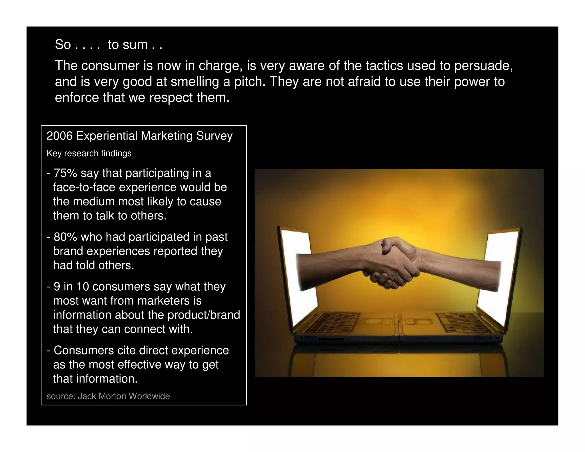 So . . . . to sum . .
  The consumer is now in charge, is very aware of the tactics used to persuade,
  and is very good at smelling a pitch. They are not afraid to use their power to
  enforce that we respect them.

2006 Experiential Marketing Survey
Key research findings

- 75% say that participating in a
  face-to-face experience would be
  the medium most likely to cause
  them to talk to others.
- 80% who had participated in past
  brand experiences reported they
  had told others.
- 9 in 10 consumers say what they
  most want from marketers is
  information about the product/brand
  that they can connect with.
- Consumers cite direct experience
  as the most effective way to get
  that information.
source: Jack Morton Worldwide
 