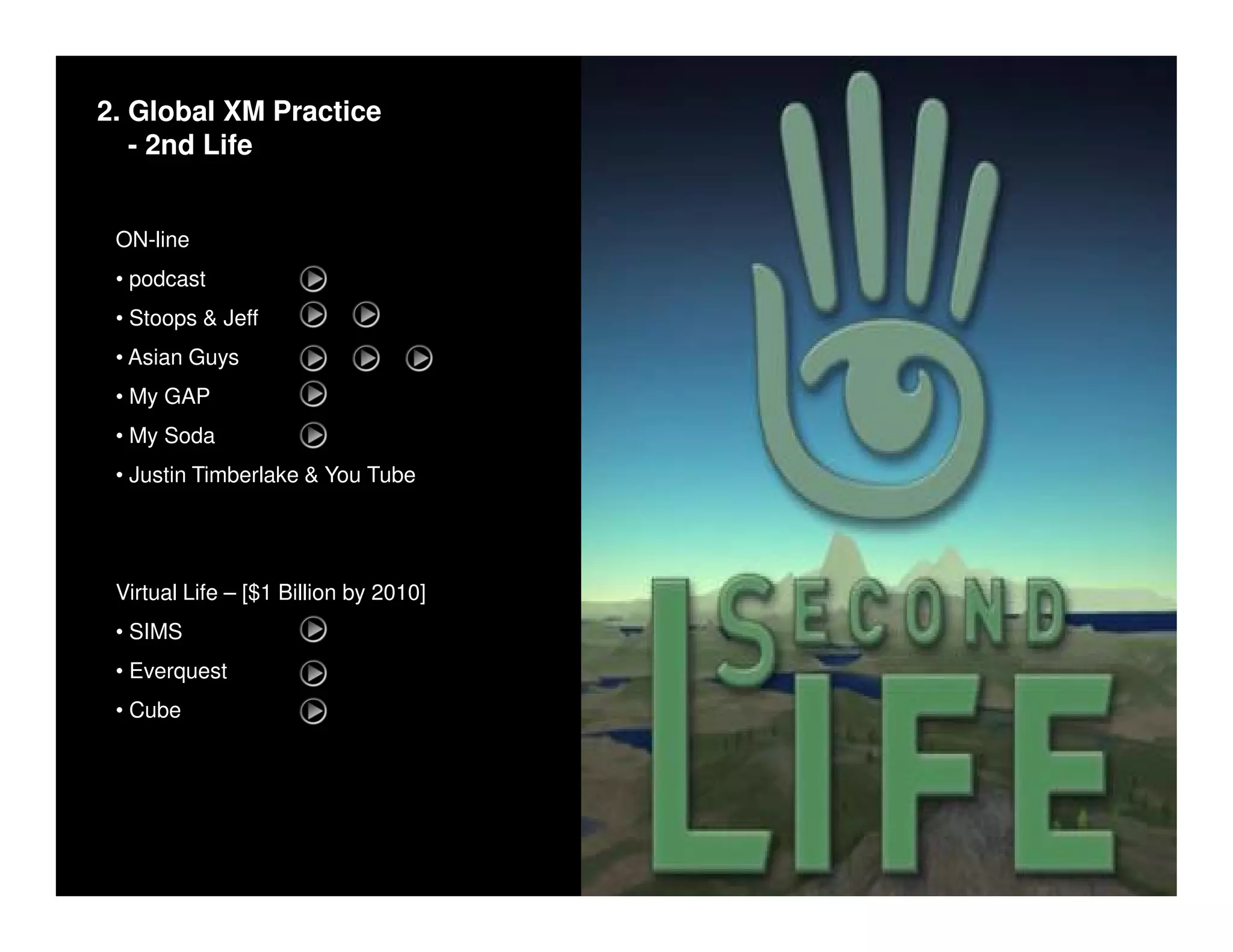 2. Global XM Practice
   - 2nd Life


 ON-line
 • podcast
 • Stoops & Jeff
 • Asian Guys
 • My GAP
 • My Soda
 • Justin Timberlake & You Tube




 Virtual Life – [$1 Billion by 2010]
 • SIMS
 • Everquest
 • Cube
 