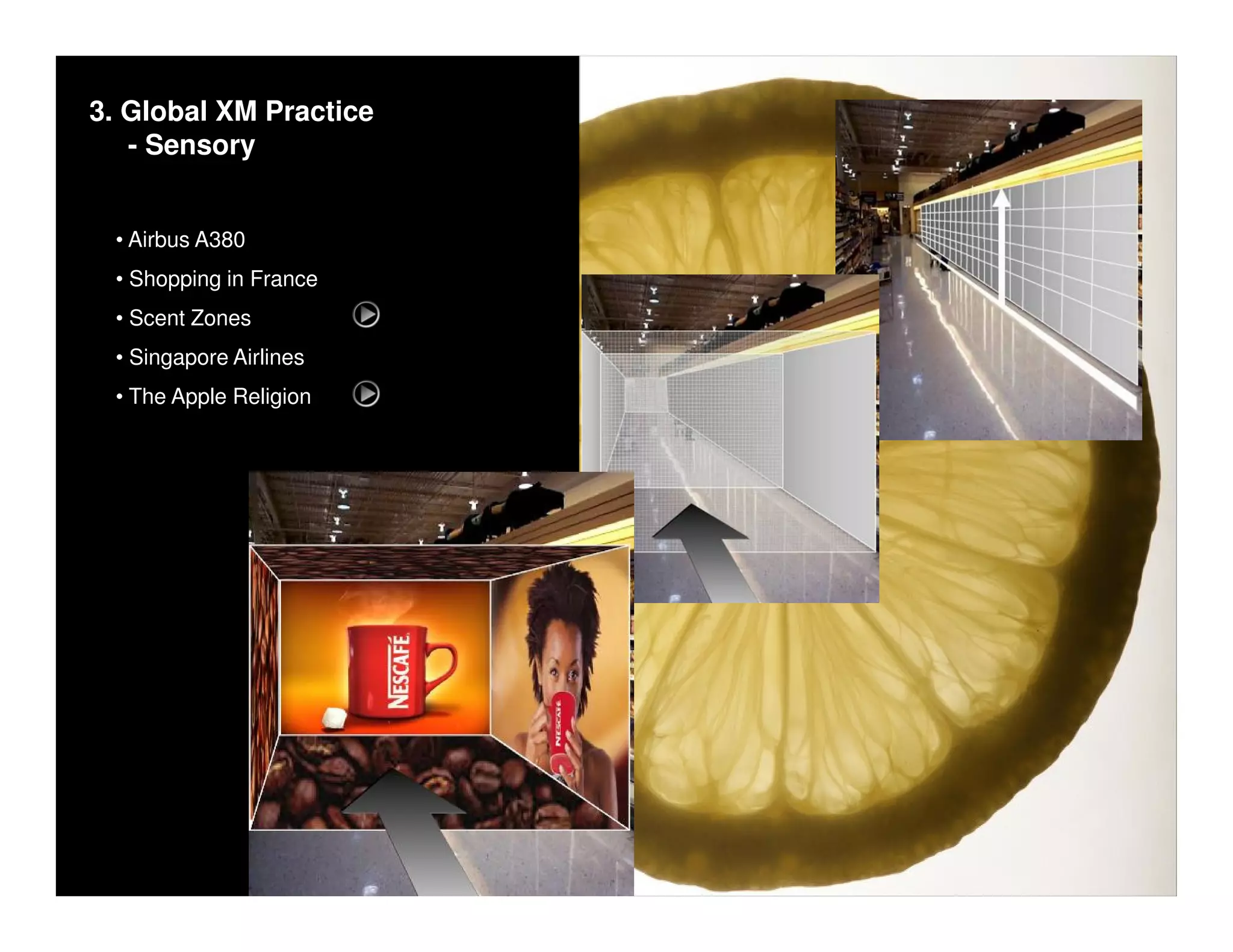 3. Global XM Practice
   - Sensory


 • Airbus A380
 • Shopping in France
 • Scent Zones
 • Singapore Airlines
 • The Apple Religion
 