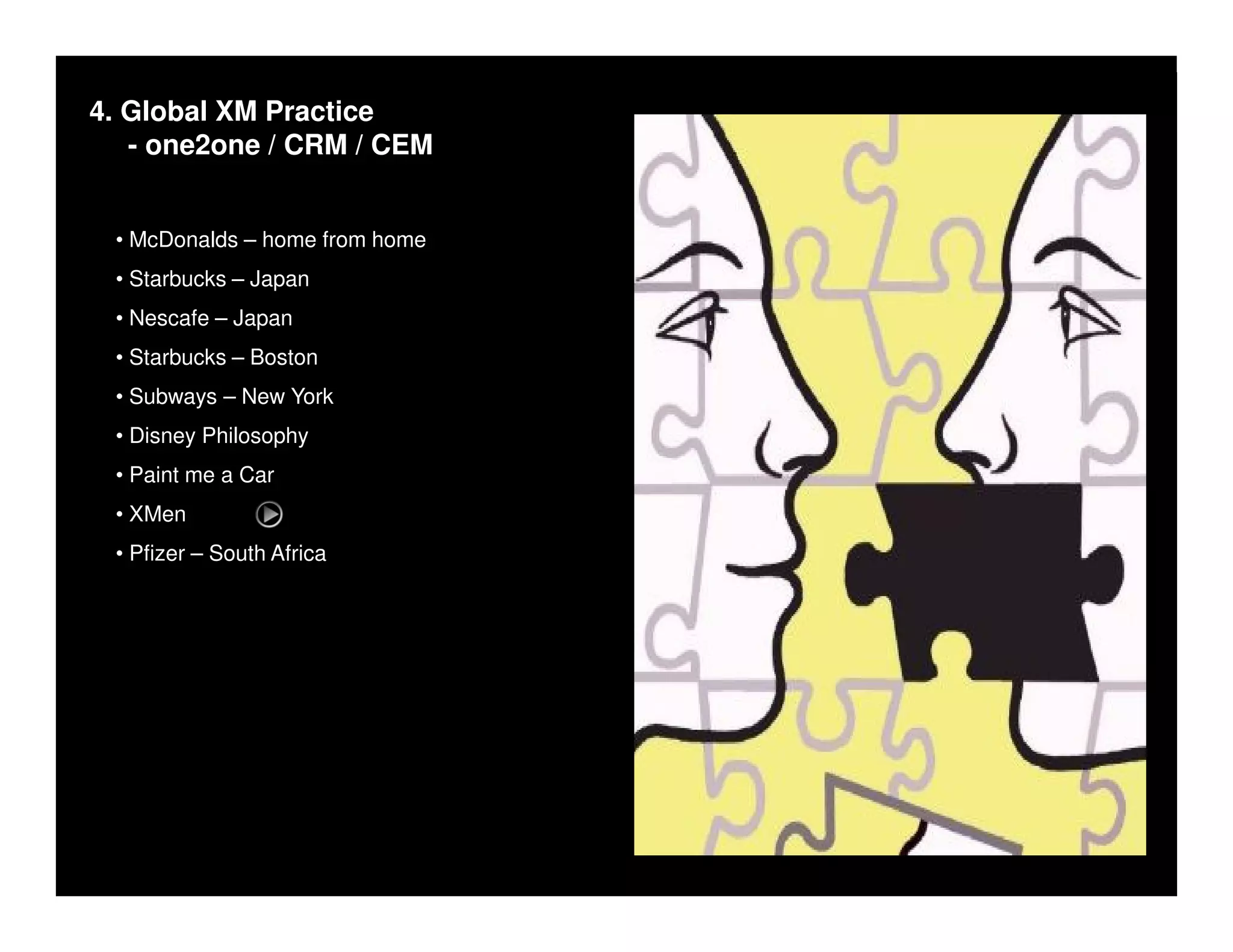 4. Global XM Practice
   - one2one / CRM / CEM


 • McDonalds – home from home
 • Starbucks – Japan
 • Nescafe – Japan
 • Starbucks – Boston
 • Subways – New York
 • Disney Philosophy
 • Paint me a Car
 • XMen
 • Pfizer – South Africa
 