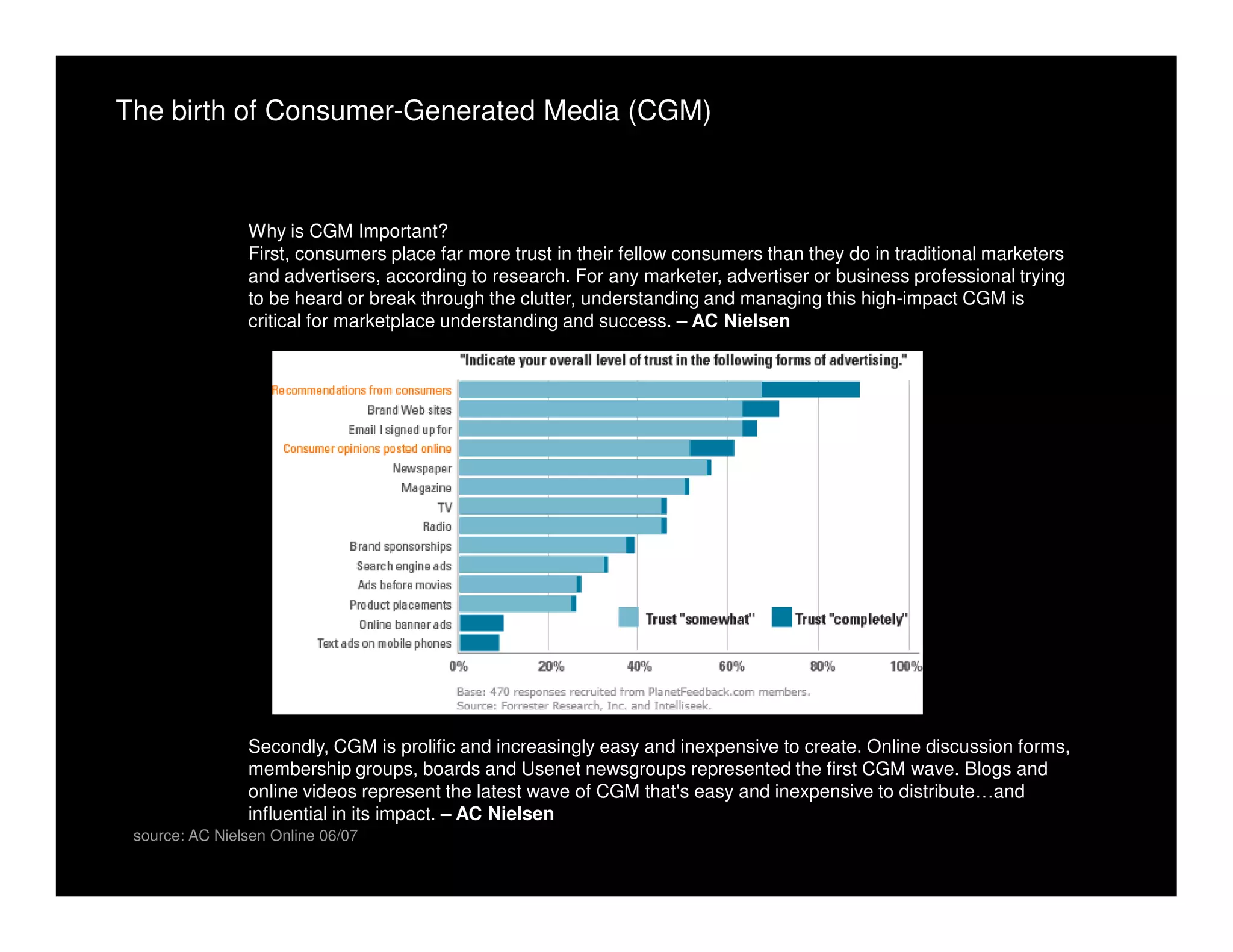 The birth of Consumer-Generated Media (CGM)



                Why is CGM Important?
                First, consumers place far more trust in their fellow consumers than they do in traditional marketers
                and advertisers, according to research. For any marketer, advertiser or business professional trying
                to be heard or break through the clutter, understanding and managing this high-impact CGM is
                critical for marketplace understanding and success. – AC Nielsen




                Secondly, CGM is prolific and increasingly easy and inexpensive to create. Online discussion forms,
                membership groups, boards and Usenet newsgroups represented the first CGM wave. Blogs and
                online videos represent the latest wave of CGM that's easy and inexpensive to distribute…and
                influential in its impact. – AC Nielsen
 source: AC Nielsen Online 06/07
 