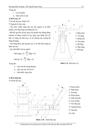 Bài giảng Máy xây dựng - ThS. Nguyễn Ngọc Trung 20
Trường Đại học Giao thông vận tải, Khoa Cơ khí, Bộ môn Máy xây dựng P.403-A6
Trong đó:
i - tỷ số truyền
 - hiệu suất cơ cấu
2) Kích trục vít
*) Sơ đồ cấu tạo: (hình 2-9)
*) Nguyên lý làm việc:
- Tùy theo chiều nâng hay hạ vật, người ta sẽ điều
chỉnh vị trí thích hợp của khớp nối (3).
- Khi lắc qua lắc lại tay quay (4) quanh trục thẳng đứng
mômen sẽ được truyền từ tay quay qua khớp nối (3)
đến vít nâng (2) làm trục vít di chuyển lên xuống để
nâng hạ hàng.
- Vật nâng được giữ nguyên tại vị trí nhờ khả năng tự
hãm của ren.
- Lực cần thiết của tay người
+ Khi nâng: Pn

Q.r
l
.tg(r+)
+ Khi hạ: Ph

Q.r
l
.tg(r-)
Trong đó:
r - góc ma sát tương đương
 - góc của ren vít (4¸6o
)
r - bán kính vòng chia.
3) Kích thủy lực
*) Sơ đồ cấu tạo:
Hình 2-10. Kích thủy lực
10
9
8
7
6
54
3
2
1
Q
q
F
r
l
P
d
D
1 - Piston c«ng t¸ c 7 - Van ¸ p lùc
3 - Van hót 9 - T©m l¾c
4 - Piston 10 - CÇn l¾c
5 - chèt liª n kÕt
6 - Van x¶
P
F
1- Piston kích;
2- Thân kích;
3- Van hút;
4- Piston bơm;
5- Chốt liên kết;
6- Van xả dầu;
7- Van tăng áp;
8- Xylanh bơm;
9- Tâm lắc;
10- Cần
7
6
5
43
2
1
1. Th©n kÝch
2. VÝt n©ng
3. Khíp nèi
4. Tay quay
5. Bu l«ng
6. Bµn n©ng
7. §Õ m¸y
1
2
3
6
4
5
7
1-Thân kích
2- Vít nâng
3- Khớp nối
4- Tay quay
5- Bu lông
6- Bàn nâng
7- Đế máy
Hình 2-9. Kích trục vít
 