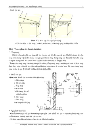 Bài giảng Máy xây dựng - ThS. Nguyễn Ngọc Trung 23
Trường Đại học Giao thông vận tải, Khoa Cơ khí, Bộ môn Máy xây dựng P.403-A6
1
2
3
4
5
6
7
8
7
6
- Sơ đồ cấu tạo
Hình 2-13. Các loại cần trục dựa tường
1- Kết cấu thép; 2- Tời hàng; 3- Ổ đỡ; 4- Ổ chặn; 5- Bộ máy quay; 6- Hộp điều khiển
2.2.8. Thang nâng xây dựng (vận thăng)
*) Công dụng:
Khi thi công các nhà cao tầng, để vận chuyển vật liệu lên cao và tạo điều kiện thuận lợi cho
công nhân trong việc đi lên (hoặc xuống) người ta sử dụng thang nâng xây dựng kết hợp chở hàng
và người trong cabin. Nó có thể phục vụ cho các toà nhà cao 30 tầng (110m).
Cấu tạo của thang nâng chở hàng và người cơ bản giống thang nâng chở hàng chỉ khác là: Bàn nâng
được thay bằng cabin để xếp hàng và người đứng trong cabin sẽ an toàn hơn. Bộ phận mang hàng
cũng có thể là gầu để bốc dỡ vật liệu rời hoặc dính, nhão.
*) Sơ đồ cấu tạo:
Hình 2-14. Sơ đồ cấu tạo thang nâng xây đựng
1- Nền móng
2- Bộ tời điện
3- Cáp thép
4- Cột thép
5- Hệ thống liên kết
với công trình
6- Ray trượt
7- Bàn nâng
8- Cụm puly di động
*) Nguyên lý làm việc:
- Kết cấu thép được chế tạo thành từng đoạn ngắn (3m) để dễ chế tạo và vận chuyển lắp ráp, nếu
chiều cao hơn 10m thì phải liên kết vào nhà.
- Bộ phận mang hàng di chuyển theo cơ cấu dẫn hướng cứng.
1
2
6
3
4
4 5
6
21
3
 