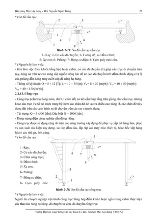 Bài giảng Máy xây dựng - ThS. Nguyễn Ngọc Trung 27
Trường Đại học Giao thông vận tải, Khoa Cơ khí, Bộ môn Máy xây dựng P.403-A6
*) Sơ đồ cấu tạo:
Hình 2-19. Sơ đồ cấu tạo cầu trục
1- Ray; 2- Cơ cấu di chuyển; 3- Tường đỡ; 4- Dầm chính;
5- Xe con; 6- Palăng; 7- Động cơ điện; 8- Cụm puly móc câu.
*) Nguyên lý làm việc:
- Khi làm việc điều khiển bằng hộp hoặc cabin, cơ cấu di chuyển (3) giúp cầu trục di chuyển trên
ray, động cơ trên xe con cung cấp nguồn động lực để xe con di chuyển trên dầm chính, động cơ (7)
của palăng dẫn động tang cuốn cáp để nâng hạ hàng.
- Thông số kỹ thuật: Q = 5 ¸ 12 [T]; L = 10 ¸ 35 [m]; Vn = 8 ¸ 20 [m/ph]; Vxc = 10 ¸ 50 [m/ph];
Vdc = 40 ¸ 150 [m/ph].
2.2.13. Cổng trục
- Cổng trục (cần trục long môn, chữ U, chân đế) có kết cấu thép tầng trên giống như cầu trục, nhưng
khác cầu trục ở chỗ nó được trang bị thêm các chân đỡ để tạo ra chiều cao nâng H, các chân đỡ này
được đặt trên các cụm bánh xe di chuyển trên các ray chuyên dụng.
- Tải trọng: Q = 1¸500 [tấn]; Đặc biệt Q = 1000 [tấn].
- Dùng mạng điện công nghiệp dẫn động riêng.
- Cổng trục được sử dụng rộng rãi trên các công trường xây dựng để phục vụ xếp dỡ hàng hóa, phục
vụ sản xuất cấu kiện xây dựng, lao lắp dầm cầu, lắp ráp các máy móc thiết bị, hoặc bốc xếp hàng
hóa ở các nhà ga, bến cảng.
*) Sơ đồ cấu tạo:
Hình 2-20. Sơ đồ cấu tạo cổng trục
*) Nguyên lý làm việc:
Người lái chuyên nghiệp vận hành cổng trục bằng hộp điều khiển hoặc ngồi trong cabin thực hiện
các thao tác nâng hạ hàng, di chuyển xe con, di chuyển cổng trục.
8
7 6
5
4
1
3
3
6
1
3
2
4 7
5
8
1
2
3
4
5
67
8
- S¬ ®å cÊu t¹ o cæng trôc
1. Ray 5. Xe con
2. C¬ cÊu di chuyÓn 6. Pal¨ng
3. Ch©n cæng trôc 7.§éng c¬
4. DÇm chÝnh 8. Côm puly mãc c©u
1
2
3
4 7
5
6
8
1- Ray;
2- Cơ cấu di chuyển;
3- Chân cổng trục;
4- Dầm chính;
5- Xe con;
6- Palăng;
7- Động cơ điện;
8- Cụm puly móc
 