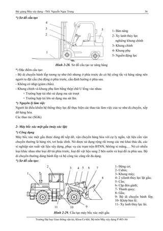 Bài giảng Máy xây dựng - ThS. Nguyễn Ngọc Trung 36
Trường Đại học Giao thông vận tải, Khoa Cơ khí, Bộ môn Máy xây dựng P.403-A6
1
2
3
4
5 1- Bàn nâng
2- Xy lanh thủy lực
nghiêng khung chính
3- Khung chính
4- Khung phụ
5- Nguồn động lực
*) Sơ đồ cấu tạo
Hình 2-28. Sơ đồ cấu tạo xe nâng hàng
*) Đặc điểm cấu tạo:
- Bộ di chuyển bánh lốp tương tự như ôtô nhưng ở phía trước do có bộ công tắc và hàng nâng nên
người ta đặt cầu chủ động ở phía trước, cầu định hướng ở phía sau.
- Không có nhịp (giảm chấn).
- Khung chính và khung phụ làm bằng thộp chữ U lồng vào nhau:
+ Trường hợp tải nhỏ sử dụng ma sát trượt
+ Trường hợp tải lớn sử dụng ma sát lăn.
*) Nguyên lý làm việc
Người lái điều khiển hệ thống thủy lực để thực hiện các thao tác làm việc của xe như di chuyển, xếp
dỡ hàng hóa.
Các thao tác (SGK)
2- Máy bốc xúc một gầu (máy xúc lật)
*) Công dụng
Máy bốc xúc một gầu được dùng để xếp dỡ, vận chuyển hàng hóa với cự ly ngắn, vật liệu cần vận
chuyển thường là hàng rời, tơi hoặc dính. Nó được sử dụng rộng rãi trong các mỏ khai thác đá, các
xí nghiệp sản xuất vật liệu xây dựng, phục vụ các trạm trộn BTNN, bêtông xi măng,… Nó có nhiều
loại khác nhau như loại dỡ tải phía trước, loại đổ vật liệu sang 2 bên sườn và loại đổ ra phía sau. Bộ
di chuyển thường dùng bánh lốp và bộ công tác cũng rất đa dạng.
*) Sơ đồ cấu tạo:
Hình 2-29. Cấu tạo máy bốc xúc một gầu
1- Động cơ;
2- Cabin;
3- Khung máy;
4- 2 xilanh thủy lực lật gầu;
5- Cần;
6- Cặp đòn gánh;
7- Thanh quay;
8- Gầu;
9- Bộ di chuyển bánh lốp;
10- Khớp bản lề;
11- Xy lanh thủy lực lái.
1
8
9
765432
1011
 