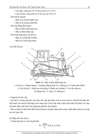 Bài giảng Máy xây dựng - ThS. Nguyễn Ngọc Trung 40
Trường Đại học Giao thông vận tải, Khoa Cơ khí, Bộ môn Máy xây dựng P.403-A6
+ Loại nhẹ: công suất 35¸75 ml; lực kéo 2,5¸13,5T.
+ Loại rất nhẹ: công suất tới 35 ml; lực kéo tới 2,5 T.
- Theo bộ di chuyển:
+ Máy ủi di chuyển bánh xích.
+ Máy ủi di chuyển bánh lốp.
- Theo hệ thống điều khiển:
+ Máy ủi điều khiển thủy lực.
+ Máy ủi điều khiển cáp.
- Theo khả năng quay của lưỡi ủi:
+ Máy ủi có lưỡi đặt cố định.
+ Máy ủi có lưỡi quay được.
c) Sơ đồ cấu tạo
Hình 3-1. Máy ủi điều khiển thủy lực
1- Lưỡi ủi; 2- Thanh chống; 3- Xylanh nâng hạ lưỡi ủi; 4- Động cơ; 5- Cabin điều khiển;
6- Con lăn đỡ; 7- Bánh sao chủ động; 8- Bánh sao bị động; 9- Con lăn chịu tải;
10- Khớp cầu; 11- Xích; 12- Khung ủi.
c) Nguyên lý làm việc:
- Hạ lưỡi ủi xuống nền đào, cho máy tiến, đất dần được tích tụ trước lưỡi ủi. Khi đã tích đầy đất,
tiến hành vận chuyển đất bằng cách nâng lưỡi ủi lên một chút (chưa thoát khỏi nền đào) với mục
đích đào thêm một chút ít bù lượng hao phí khi vận chuyển.
- Nếu ta muốn rải đều khối đất đã vận chuyển, cần phải nâng lưỡi ủi theo chiều dầy muốn rải và tiếp
tục cho máy tiến.
d) Năng suất của máy ủi
- Trường hợp đào và vận chuyển đất:
d t d
ck
3600
Q .V .K .K
T
 [m3
/h]
1
2
3
45
6
7
8
9 10 11 12
 