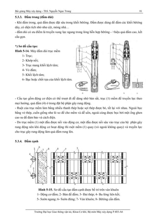 Bài giảng Máy xây dựng - ThS. Nguyễn Ngọc Trung 81
Trường Đại học Giao thông vận tải, Khoa Cơ khí, Bộ môn Máy xây dựng P.403-A6
5.3.3. Đầm trong (đầm dùi)
- Khi đầm trong, quả đầm được đặt sâu trong khối bêtông. Đầm được dùng để đầm các khối bêtông
dày, có diện tích nhỏ như cột, móng nhà…
- đầm dùi có ưu điểm là truyền xung lực ngang trong lòng hỗn hợp bêtông - >hiệu quả đầm cao, kết
cấu gọn.
*) Sơ đồ cấu tạo:
Hình 5-14. Máy đầm dùi trục mềm
1- Trục;
2- Khớp nối;
3- Trục mang khối lệch tâm;
4- Vỏ đầm;
5- Khối lệch tâm;
6- Bạc hoặc chốt tựa của khối lệch tâm.
- Cấu tạo gồm động cơ điện có thể trượt đi dễ dàng nhờ bàn sắt, trục (1) mềm để truyền lực theo
mọi hướng, quả đầm (4) ở trong đặt bộ phận gây rung động.
- Ruột của trục mềm làm bằng nhiều thanh thép hoặc sợi thép được bó, tết lại với nhau. Ngoài bọc
bằng vỏ thép, cuốn giống như lò xo để cho mềm và dễ uốn, ngoài cùng được bọc bởi một ống ghen
cao su để đảm bảo và cách điện.
- Do trục mềm (1) một đầu được nối vào động cơ, một đầu được nối sâu vào trục của bộ phận gây
rung động nên khi động cơ hoạt động thì ruột mềm (1) quay (vỏ ngoài không quay) và truyền lực
cho trục gây rung động làm quả đầm rung lên.
5.3.4. Đầm cạnh
Hình 5-15. Sơ đồ cấu tạo đầm cạnh được bố trí trên ván khuôn
1- Động cơ đầm; 2- Bản đế đầm; 3- Đai thép; 4- Bu lông liên kết;
5- Sườn ngang; 6- Sườn đứng; 7- Ván khuôn; 8- Bêtông cần đầm.
 