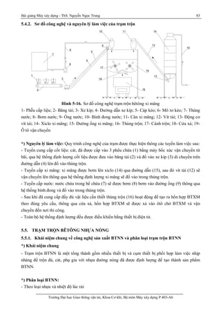 Bài giảng Máy xây dựng - ThS. Nguyễn Ngọc Trung 83
Trường Đại học Giao thông vận tải, Khoa Cơ khí, Bộ môn Máy xây dựng P.403-A6
5.4.2. Sơ đồ công nghệ và nguyên lý làm việc của trạm trộn
C¸ t § 1 § 2
1
2
3
4
5
6
7
8
9
10 11
12
13
14
15
16
17
18
19
Hình 5-16. Sơ đồ công nghệ trạm trộn bêtông xi măng
1- Phễu cấp liệu; 2- Băng tải; 3- Xe kíp; 4- Đường dẫn xe kíp; 5- Cáp kéo; 6- Mô tơ kéo; 7- Thùng
nước; 8- Bơm nước; 9- Ống nước; 10- Bình đong nước; 11- Cân xi măng; 12- Vít tải; 13- Động cơ
vít tải; 14- Xiclo xi măng; 15- Đường ống xi măng; 16- Thùng trộn; 17- Cánh trộn; 18- Cửa xả; 19-
Ô tô vận chuyển
*) Nguyên lý làm việc: Quy trình công nghệ của trạm được thực hiện thông các tuyến làm việc sau:
- Tuyến cung cấp cốt liệu: cát, đá được cấp vào 3 phểu chứa (1) bằng máy bốc xúc vận chuyển từ
bãi, qua hệ thống định lượng cốt liệu được đưa vào băng tải (2) và đổ vào xe kíp (3) di chuyển trên
đường dẫn (4) lên đổ vào thùng trộn.
- Tuyến cấp xi măng: xi măng được bơm lên xiclo (14) qua đường dẫn (15), sau đó vít tải (12) sẽ
vận chuyển lên thông qua hệ thống định lượng xi măng sẽ đổ vào trong thùng trộn.
- Tuyến cấp nước: nước chứa trong bể chứa (7) sẽ được bơm (8) bơm vào đường ống (9) thông qua
hệ thống bình đong và đổ vào trong thùng trộn.
- Sau khi đã cung cấp đầy đủ vật liệu cần thiết thùng trộn (16) hoạt động để tạo ra hổn hợp BTXM
theo đúng yêu cầu, thông qua cửa xả, hổn hợp BTXM sẽ được xả vào ôtô chở BTXM và vận
chuyển đến nơi thi công.
- Toàn bộ hệ thống định lượng đều được điều khiển bằng thiết bị điện tử.
5.5. TRẠM TRỘN BÊTÔNG NHỰA NÓNG
5.5.1. Khái niệm chung về công nghệ sản xuất BTNN và phân loại trạm trộn BTNN
*) Khái niệm chung
- Trạm trộn BTNN là một tổng thành gồm nhiều thiết bị và cụm thiết bị phối hợp làm việc nhịp
nhàng để trộn đá, cát, phụ gia với nhựa đường nóng đã được định lượng để tạo thành sản phẩm
BTNN.
*) Phân loại BTNN:
- Theo loại nhựa và nhiệt độ lúc rải
 