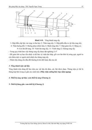 Bài giảng Máy xây dựng - ThS. Nguyễn Ngọc Trung 87
Trường Đại học Giao thông vận tải, Khoa Cơ khí, Bộ môn Máy xây dựng P.403-A6
Hình 5-19. Tổng thành tang sấy
1- Hộp thễu cấp liệu vào tang và thu bụi; 2- Thân tang sấy; 3- Hộp phễu đầu ra vật liệu tang sấy;
4- Thân buồng đốt; 5- Buồng phun nhiên liệu; 6- Bánh răng nhỏ; 7- Hộp giảm tốc; 8- Động cơ;
9- Con lăn đỡ tang; 10- Vành lăn tang sấy; 11- Vành răng;12- Khung tang sấy
- Trong quy trình làm việc thùng rang sấy được đặt nghiêng 2¸5o
- Để giảm bớt sự hao tổn nhiệt và để bảo vệ vành đai thép, gối con lăn khỏi bị nóng quá, người ta
còn thêm một vỏ ngoài cách nhiệt cho thùng rang sấy
- Nhiên liệu dùng cho đầu đốt thường là hơi đốt hoặc dầu ma zút
3- Tổng thành trộn vật liệu
Tổng thành trộn dùng để hòa trộn các vật liệu đá dăm, cát, bột đávà nhựa. Thùng trộn có thể là
thùng kép bên trong có gắn các cánh trộn. (Máy trộn cưỡng bức trục nằm ngang)
4- Thiết bị sàng vật liệu: xem thiết bị sàng (Chương 4)
5- Thiết bị băng gầu: xem thiết bị (Chương 2)
1
11
2
10 3 4
5
12
8769
 