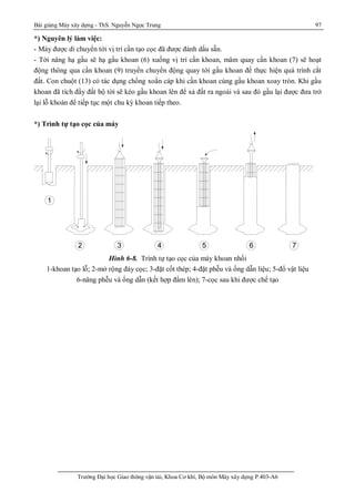Bài giảng Máy xây dựng - ThS. Nguyễn Ngọc Trung 97
Trường Đại học Giao thông vận tải, Khoa Cơ khí, Bộ môn Máy xây dựng P.403-A6
*) Nguyên lý làm việc:
- Máy được di chuyển tới vị trí cần tạo cọc đã được đánh dấu sẵn.
- Tời nâng hạ gầu sẽ hạ gầu khoan (6) xuống vị trí cần khoan, mâm quay cần khoan (7) sẽ hoạt
động thông qua cần khoan (9) truyền chuyển động quay tới gầu khoan để thực hiện quá trình cắt
đất. Con chuột (13) có tác dụng chống xoắn cáp khi cần khoan cùng gầu khoan xoay tròn. Khi gầu
khoan đã tích đầy đất bộ tời sẽ kéo gầu khoan lên để xả đất ra ngoài và sau đó gầu lại được đưa trở
lại lỗ khoàn để tiếp tục một chu kỳ khoan tiếp theo.
*) Trình tự tạo cọc của máy
1
2 3 4 5 6 7
Hình 6-8. Trình tự tạo cọc của máy khoan nhồi
1-khoan tạo lỗ; 2-mở rộng đáy cọc; 3-đặt cốt thép; 4-đặt phễu và ống dẫn liệu; 5-đổ vật liệu
6-nâng phễu và ống dẫn (kết hợp đầm lèn); 7-cọc sau khi được chế tạo
 