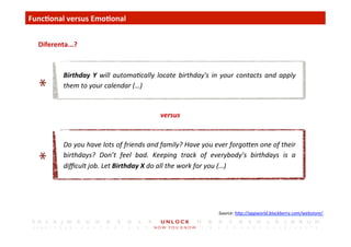 5	
 Func,onal	
 versus	
 Emo,onal	
 
Do	
 you	
 have	
 lots	
 of	
 friends	
 and	
 family?	
 Have	
 you	
 ever	
 forgoCen	
 one	
 of	
 their	
 
birthdays?	
  Don’t	
  feel	
  bad.	
  Keeping	
  track	
  of	
  everybody’s	
  birthdays	
  is	
  a	
 
diﬃcult	
 job.	
 Let	
 Birthday	
 X	
 do	
 all	
 the	
 work	
 for	
 you	
 (…)	
 
Birthday	
 Y	
 will	
 automa)cally	
 locate	
 birthday's	
 in	
 your	
 contacts	
 and	
 apply	
 
them	
 to	
 your	
 calendar	
 (…)	
 
Diferenta...?	
 
versus	
 
Source:	
 hCp://appworld.blackberry.com/webstore/	
 
 