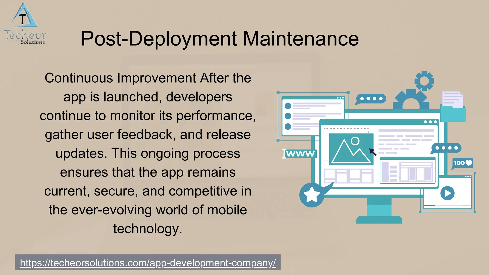 https://techeorsolutions.com/app-development-company/
Continuous Improvement After the
app is launched, developers
continue to monitor its performance,
gather user feedback, and release
updates. This ongoing process
ensures that the app remains
current, secure, and competitive in
the ever-evolving world of mobile
technology.
Post-Deployment Maintenance
 
