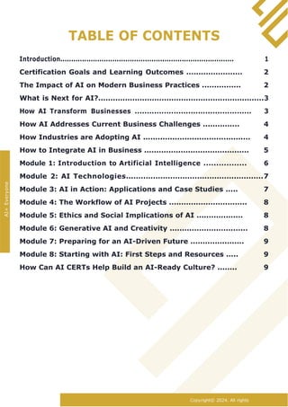 Copyright© 2024. All rights
TABLE OF CONTENTS
Introduction................................................................................ 1
Certification Goals and Learning Outcomes ....................... 2
The Impact of AI on Modern Business Practices ................ 2
What is Next for AI?....................................................................3
How AI Transform Businesses ................................................ 3
How AI Addresses Current Business Challenges ............... 4
How Industries are Adopting AI ............................................ 4
How to Integrate AI in Business ........................................... 5
Module 1: Introduction to Artificial Intelligence ................. 6
Module 2: AI Technologies........................................................7
Module 3: AI in Action: Applications and Case Studies ..... 7
Module 4: The Workflow of AI Projects ................................ 8
Module 5: Ethics and Social Implications of AI ................... 8
Module 6: Generative AI and Creativity ................................ 8
Module 7: Preparing for an AI-Driven Future ...................... 9
Module 8: Starting with AI: First Steps and Resources ..... 9
How Can AI CERTs Help Build an AI-Ready Culture? ........ 9
AI+
Everyone
 