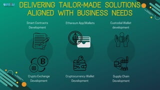 DELIVERING TAILOR-MADE SOLUTIONS
DELIVERING TAILOR-MADE SOLUTIONS
ALIGNED WITH BUSINESS NEEDS
ALIGNED WITH BUSINESS NEEDS
Crypto Exchange
Development
Cryptocurrency Wallet
Development
Supply Chain
Development
Custodial Wallet
development
Ethereum App/Wallets
Smart Contracts
Development
 