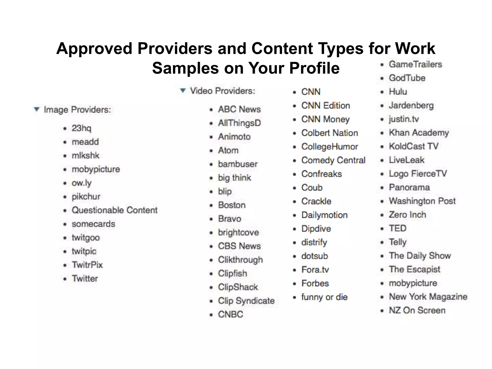 Approved Providers and Content Types for Work
Samples on Your Profile
 