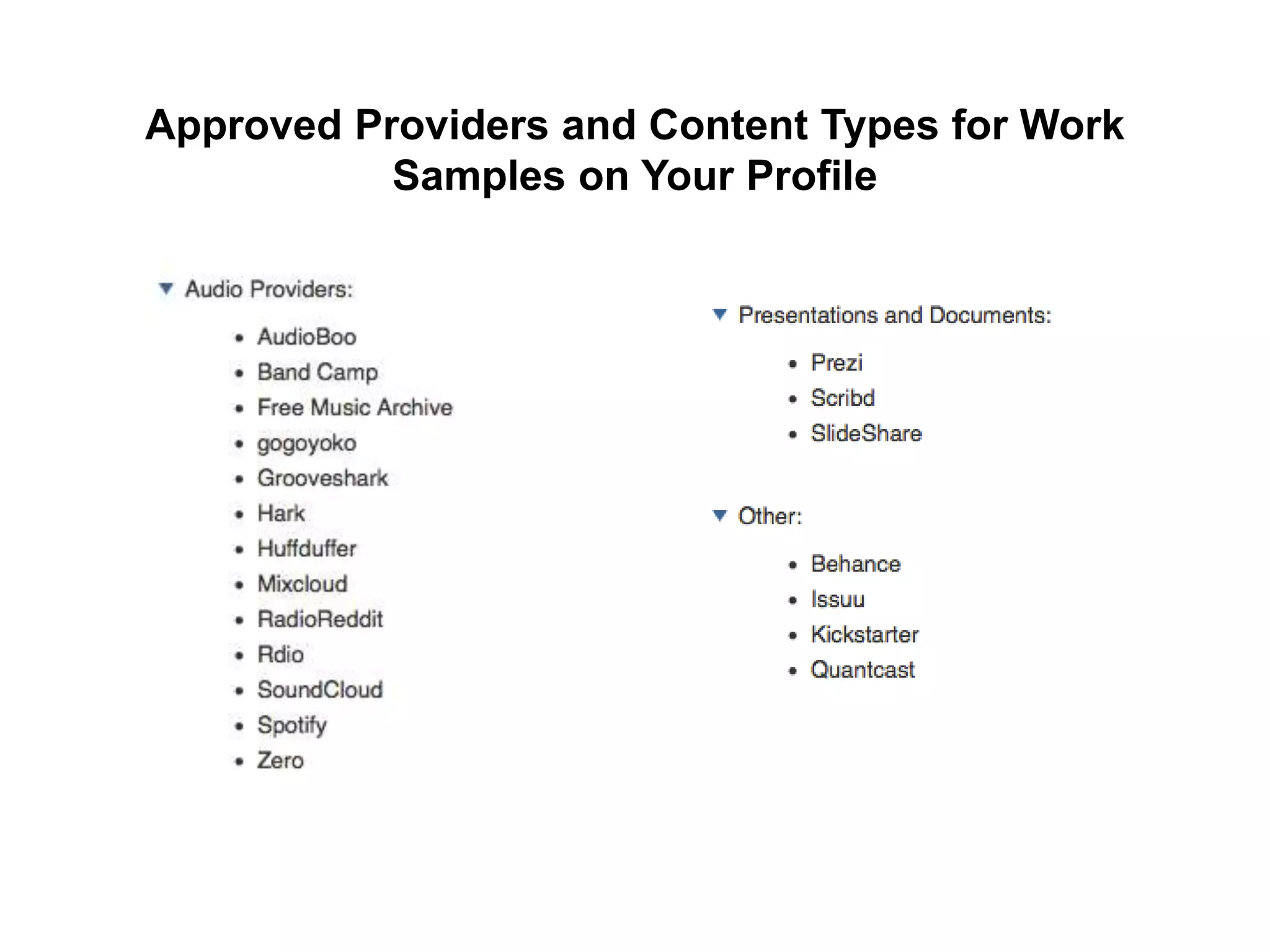 Approved Providers and Content Types for Work
Samples on Your Profile
 