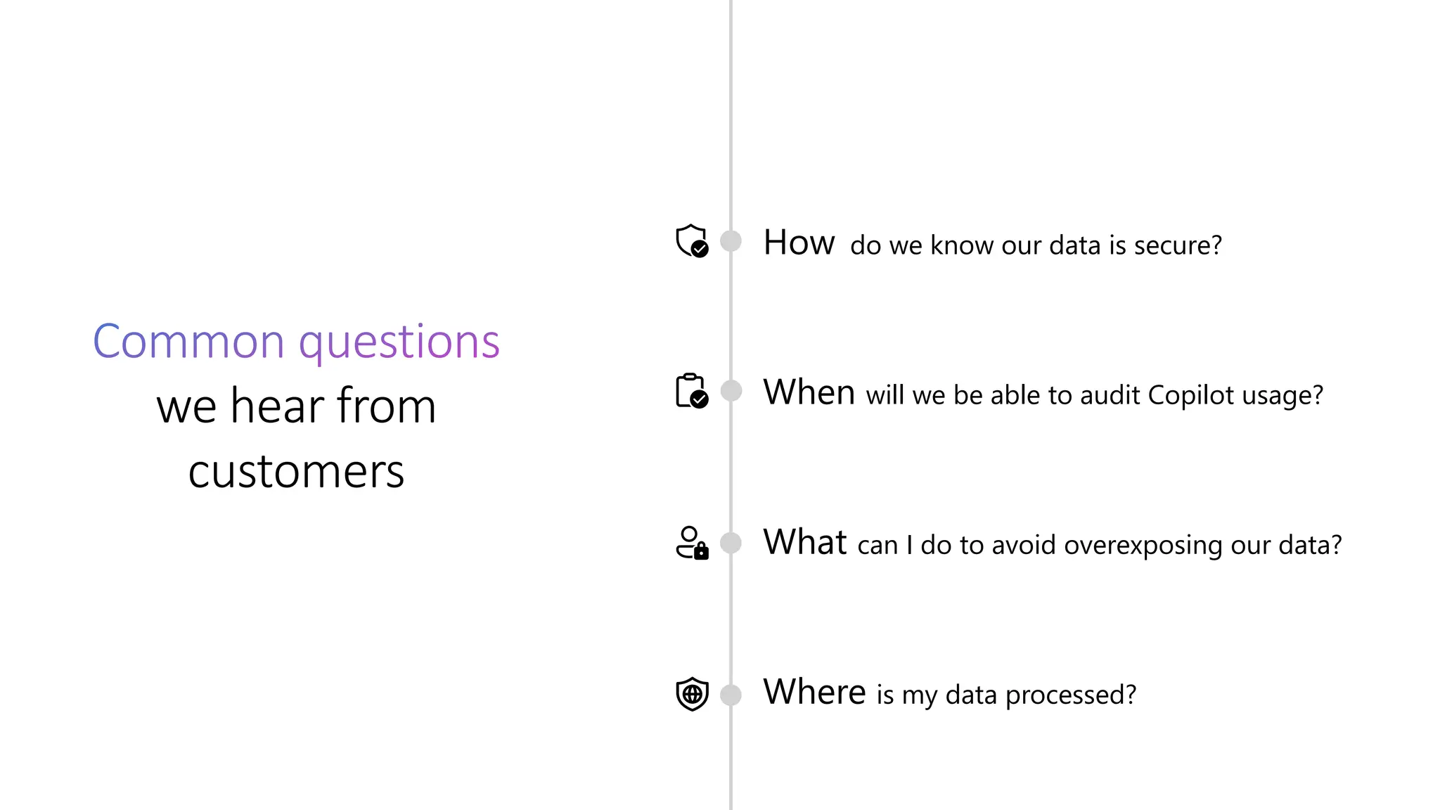 Common questions
we hear from
customers
How do we know our data is secure?
When will we be able to audit Copilot usage?
What can I do to avoid overexposing our data?
Where is my data processed?
 