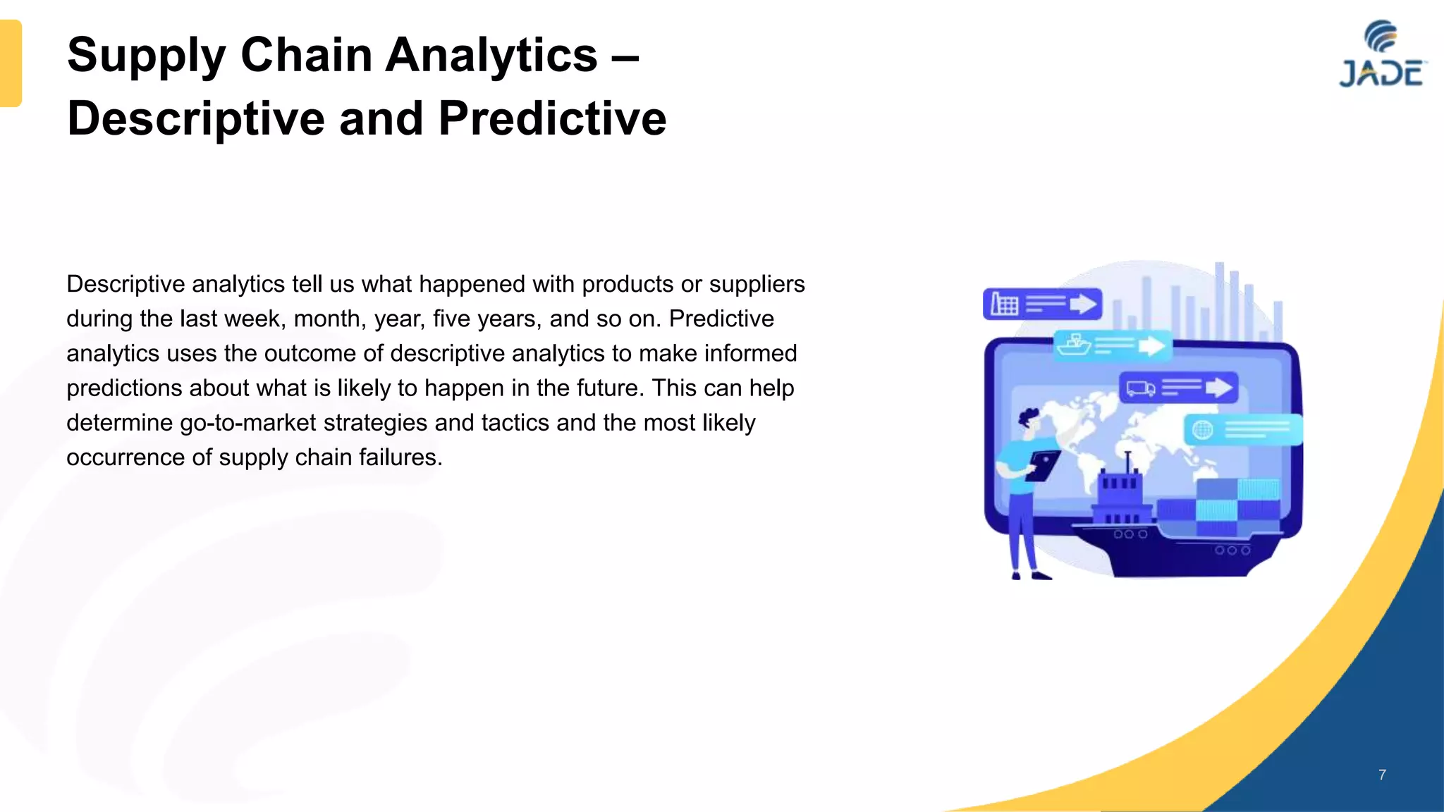Descriptive analytics tell us what happened with products or suppliers
during the last week, month, year, five years, and so on. Predictive
analytics uses the outcome of descriptive analytics to make informed
predictions about what is likely to happen in the future. This can help
determine go-to-market strategies and tactics and the most likely
occurrence of supply chain failures.
7
Supply Chain Analytics –
Descriptive and Predictive
 