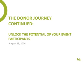 THE DONOR JOURNEY CONTINUED: UNLOCK THE POTENTIAL OF YOUR EVENT PARTICIPANTS 
August 19, 2014  
