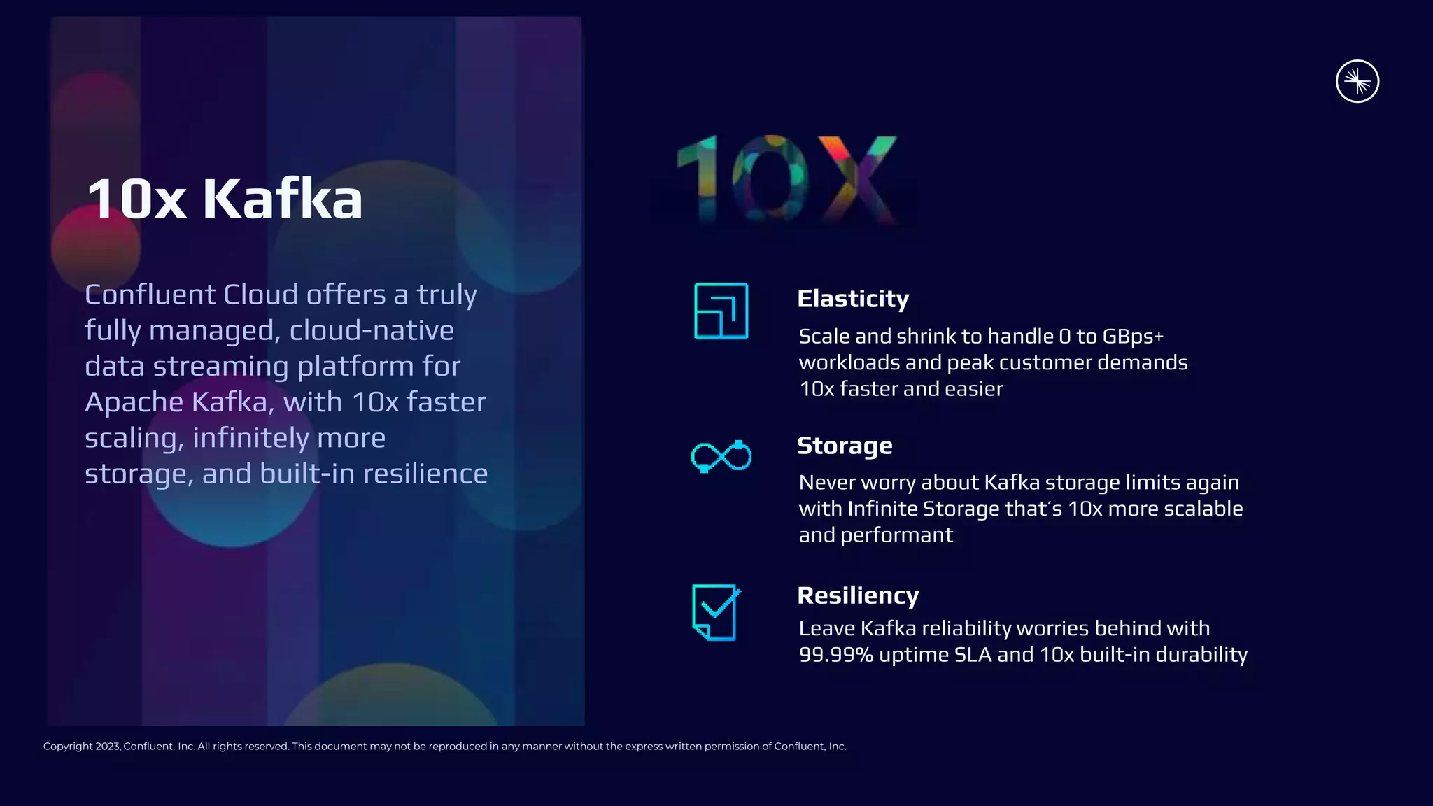 Copyright 2023, Confluent, Inc. All rights reserved. This document may not be reproduced in any manner without the express written permission of Confluent, Inc.
Leave Kafka reliability worries behind with
99.99% uptime SLA and 10x built-in durability
Never worry about Kafka storage limits again
with Infinite Storage that’s 10x more scalable
and performant
Scale and shrink to handle 0 to GBps+
workloads and peak customer demands
10x faster and easier
10x Kafka
Confluent Cloud offers a truly
fully managed, cloud-native
data streaming platform for
Apache Kafka, with 10x faster
scaling, infinitely more
storage, and built-in resilience
Resiliency
Storage
Elasticity
 