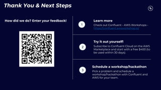 Thank You & Next Steps
How did we do? Enter your feedback! Learn more
Check out Confluent - AWS Workshops -
https://confluent.awsworkshop.io/
Try it out yourself!
Subscribe to Confluent Cloud on the AWS
Marketplace and start with a free $400 (to
be used within 30 days).
1
2
3
Schedule a workshop/hackathon
Pick a problem and schedule a
workshop/hackathon with Confluent and
AWS for your team.
 