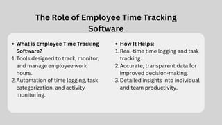 The Role of Employee Time Tracking
Software
What is Employee Time Tracking
Software?
Tools designed to track, monitor,
and manage employee work
hours.
1.
Automation of time logging, task
categorization, and activity
monitoring.
2.
How It Helps:
Real-time time logging and task
tracking.
1.
Accurate, transparent data for
improved decision-making.
2.
Detailed insights into individual
and team productivity.
3.
 