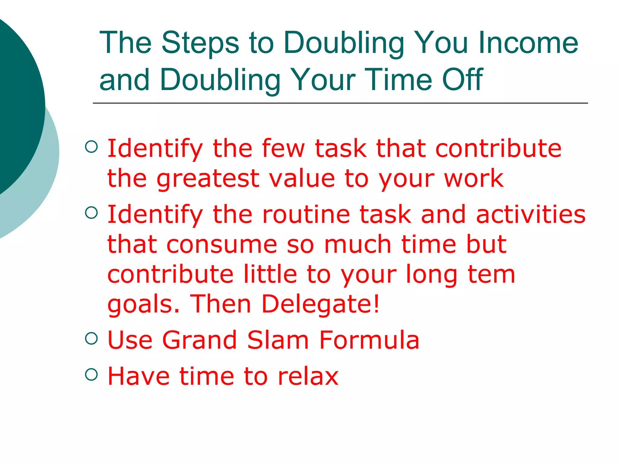 The Steps to Doubling You Income and Doubling Your Time Off Identify the few task that contribute the greatest value to your work Identify the routine task and activities that consume so much time but contribute little to your long tem goals. Then Delegate! Use Grand Slam Formula Have time to relax 