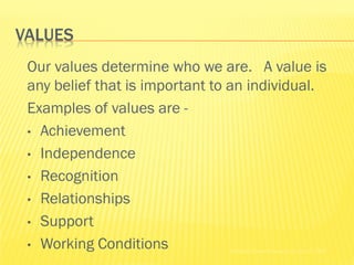 VALUES
 Our values determine who we are. A value is
 any belief that is important to an individual.
 Examples of values are -
 • Achievement

 • Independence

 • Recognition

 • Relationships

 • Support

 • Working Conditions           Holland Codes Resource Center © 2002
 