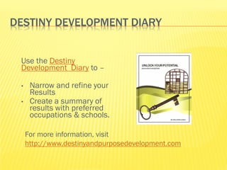 DESTINY DEVELOPMENT DIARY


 Use the Destiny
 Development Diary to –

 •    Narrow and refine your
      Results
 •    Create a summary of
      results with preferred
      occupations & schools.

     For more information, visit
     http://www.destinyandpurposedevelopment.com
 