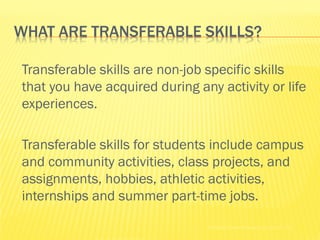WHAT ARE TRANSFERABLE SKILLS?

Transferable skills are non-job specific skills
that you have acquired during any activity or life
experiences.

Transferable skills for students include campus
and community activities, class projects, and
assignments, hobbies, athletic activities,
internships and summer part-time jobs.

                                Holland Codes Resource Center © 202
 