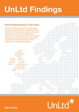 UnLtd Findings
Social Entrepreneurs: The Facts
This Findings Paper provides a unique insight
into start-up entrepreneurs supported by UnLtd,
detailing who they are, their work and the social
impact they have. It demonstrates how an
investment in the individual and their practical
solutions to the problems they face generates
a ripple effect with the potential to create
significant and lasting social change.




March 2010
 