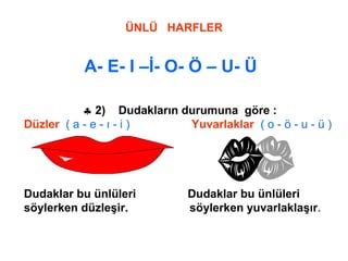 ÜNLÜ HARFLER
A- E- I –İ- O- Ö – U- Ü
♣ 2) Dudakların durumuna göre :
Düzler ( a - e - ı - i ) Yuvarlaklar ( o - ö - u - ü )
Dudaklar bu ünlüleri Dudaklar bu ünlüleri
söylerken düzleşir. söylerken yuvarlaklaşır.
 