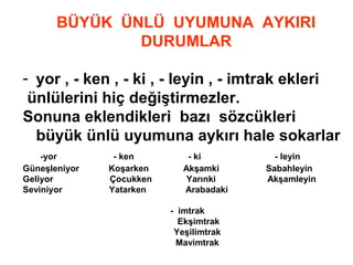 BÜYÜK ÜNLÜ UYUMUNA AYKIRI
DURUMLAR
- yor , - ken , - ki , - leyin , - imtrak ekleri
ünlülerini hiç değiştirmezler.
Sonuna eklendikleri bazı sözcükleri
büyük ünlü uyumuna aykırı hale sokarlar
-yor - ken - ki - leyin
Güneşleniyor Koşarken Akşamki Sabahleyin
Geliyor Çocukken Yarınki Akşamleyin
Seviniyor Yatarken Arabadaki
- imtrak
Ekşimtrak
Yeşilimtrak
Mavimtrak
 