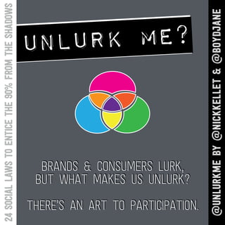 BRANDS & CONSUMERS LURK,
BUT WHAT MAKES US UNLURK?
THERE’S An ART to participation.
UnLurk me?
24sociallawstoenticethe90%fromtheshadows
@unlurkmeby@Nickkellet&@boydJane
 
