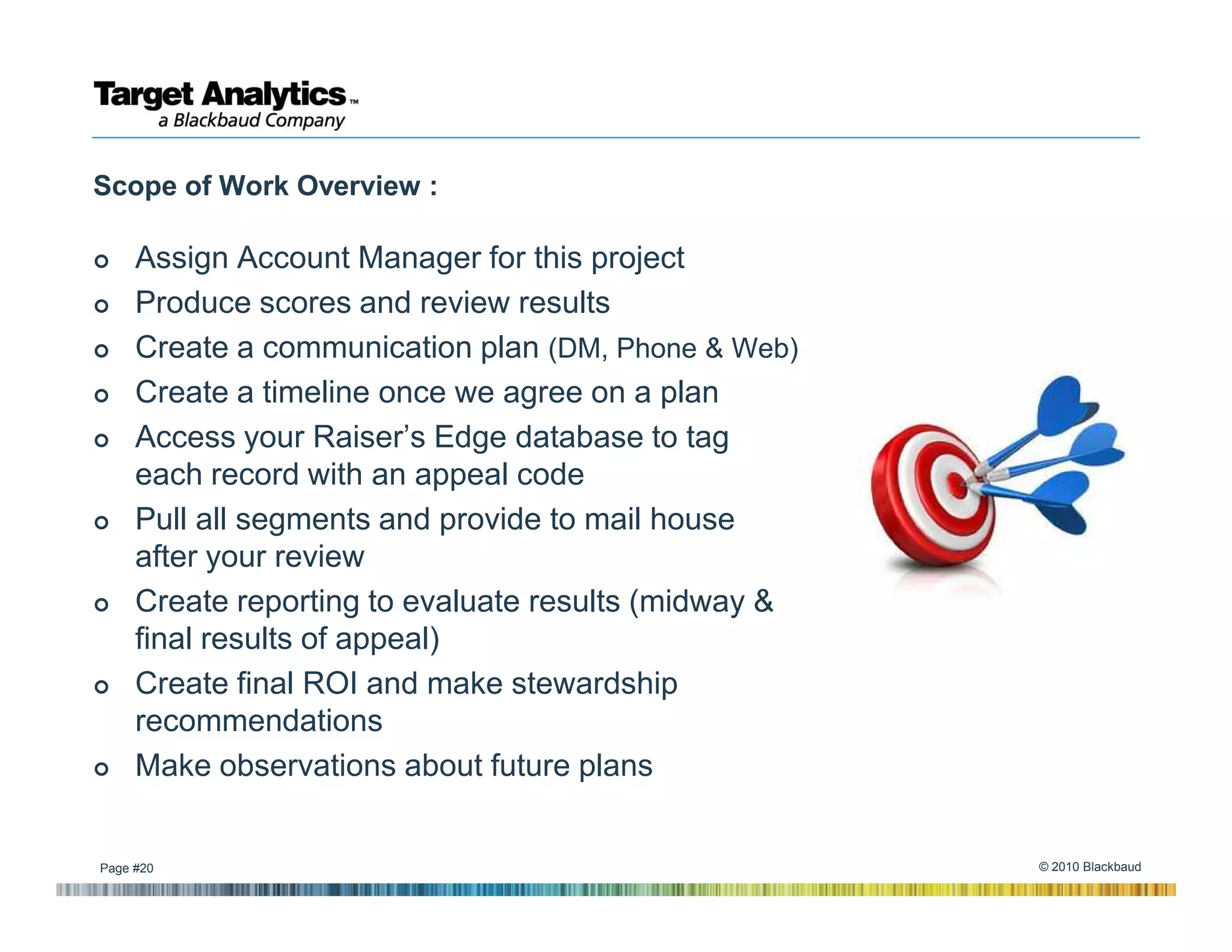 Scope of Work Overview :

     Assign Account Manager for this project
     Produce scores and review results
     Create a communication plan (DM, Phone & Web)
     Create a timeline once we agree on a plan
     Access your Raiser’s Edge database to tag
     each record with an appeal code
     Pull all segments and provide to mail house
     after your review
     Create reporting to evaluate results (midway &
     final results of appeal)
     Create final ROI and make stewardship
     recommendations
     Make observations about future plans


Page #20                                              © 2010 Blackbaud
 
