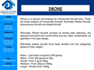 CHENNAI
C2-A, Industrial Estate,
Guindy, Chennai - 600 032.
Tel: +91 - 44 - 22501318, 42107341
BANGALORE
Suite 920, Level 9,
Raheja Towers,
26-27, M G Road,
Bangalore - 560 001.
Mob: +918277460648
COIMBATORE
#1533, Trichy Road,
Coimbatore – 641018.
Mob: +919385432921
HYDERABAD
Vatika Business Centre,
Suite 10,3rd Floor, NSL Icon,
Road No. 12,Banjara Hills,
Hyderabad - 500034.
Mob: +917901691606
COCHIN
Suite 49, 8th Floor, Centre A,
Alapatt Heritage Building,
MG Road, Cochin – 682035
Tel: +91 - 484 - 2366216
EMAIL
info@altacit.com
WEBSITE
www.altacit.com
•Drone is a layman terminology for Unmanned Aircraft (UA). There
are three subsets of Unmanned Aircraft- Remotely Piloted Aircraft,
Autonomous Aircraft and Model Aircraft.
•Remotely Piloted Aircraft consists of remote pilot station(s), the
required command and control links and any other components, as
specified in the type design.
•Remotely piloted aircraft have been divided into five categories
based on their weight-
•Nano : Less than or equal to 250 grams.
•Micro : From 250 grams to 2kg.
•Small : From 2 kg to 25kg.
•Medium : From 25kg to 150kg.
•Large : Greater than 150kg.
DRONE
 