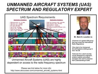 UNMANNED AIRCRAFT SYSTEMS (UAS) SPECTRUM AND REGULATORY EXPERT ,[object Object],[object Object],[object Object],[object Object],Unmanned Aircraft Systems (UAS) are highly dependent on access to the radio frequency spectrum Please see link below for more info: http://www.aticourses.com/unmanned_aircraft_systems.html 