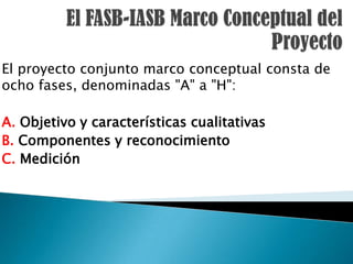 El proyecto conjunto marco conceptual consta de
ocho fases, denominadas "A" a "H":

A. Objetivo y características cualitativas
B. Componentes y reconocimiento
C. Medición
 
