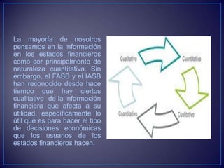 La mayoría de nosotros
pensamos en la información
en los estados financieros
como ser principalmente de
naturaleza cuantitativa. Sin
embargo, el FASB y el IASB
han reconocido desde hace
tiempo que hay ciertos
cualitativo de la información
financiera que afecta a su
utilidad, específicamente lo
útil que es para hacer el tipo
de decisiones económicas
que los usuarios de los
estados financieros hacen.
 